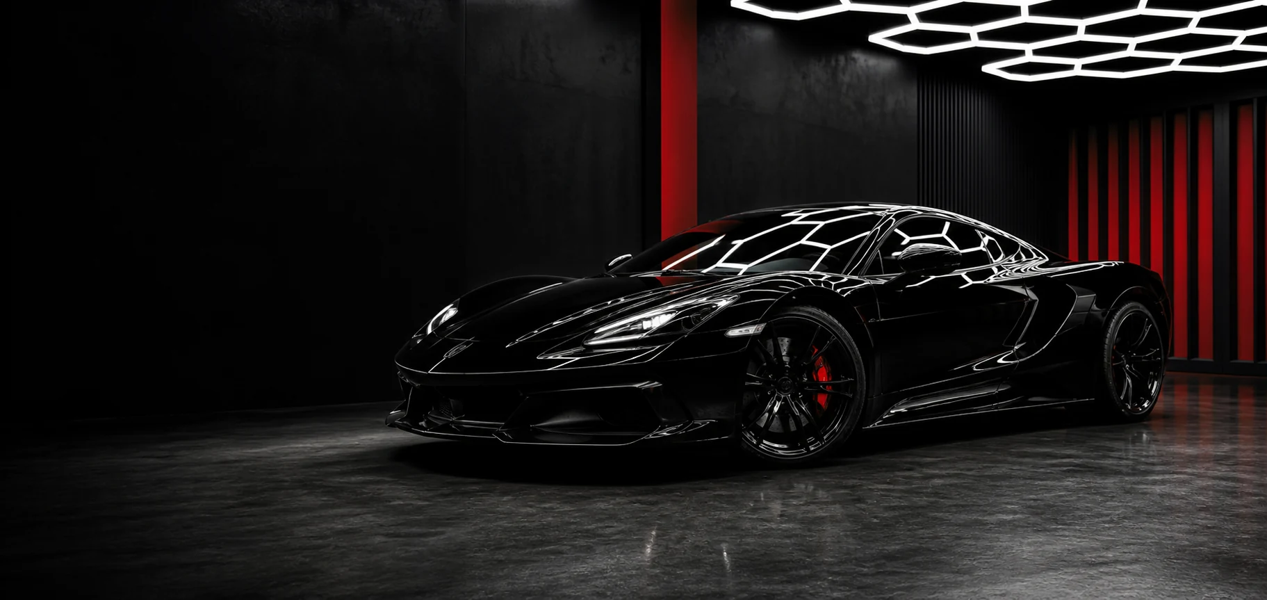 Carro esportivo preto no studio automotivo
